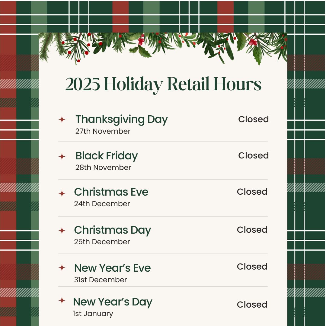 green and red plaid design with garland displaying holiday hours